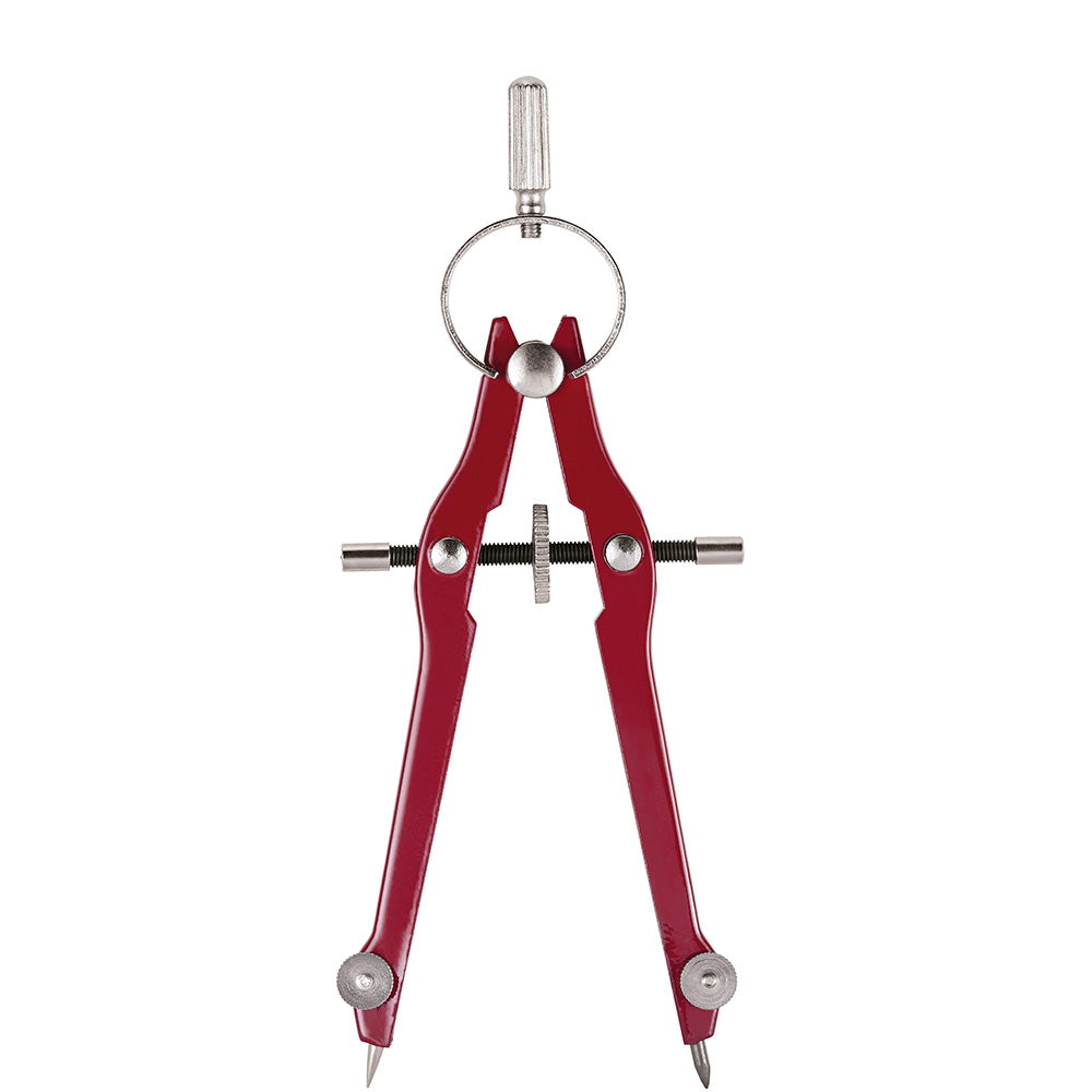 Red and metal precision compass with adjustable legs, needle point at bottom, and pencil holder at top.