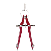 Red and metal precision compass with adjustable legs, needle point at bottom, and pencil holder at top.