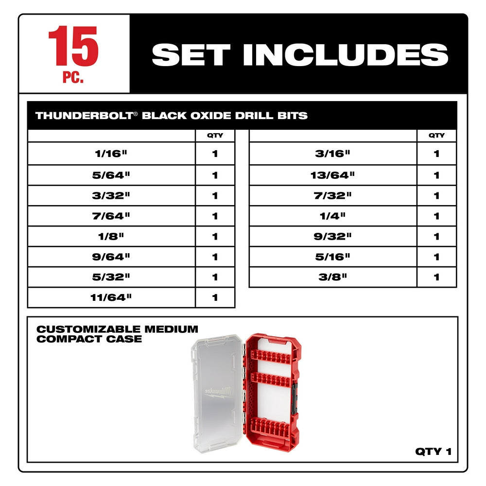 Thunderbolt black oxide drill bit set contents chart showing 15 pieces in various sizes and red customizable compact storage 
