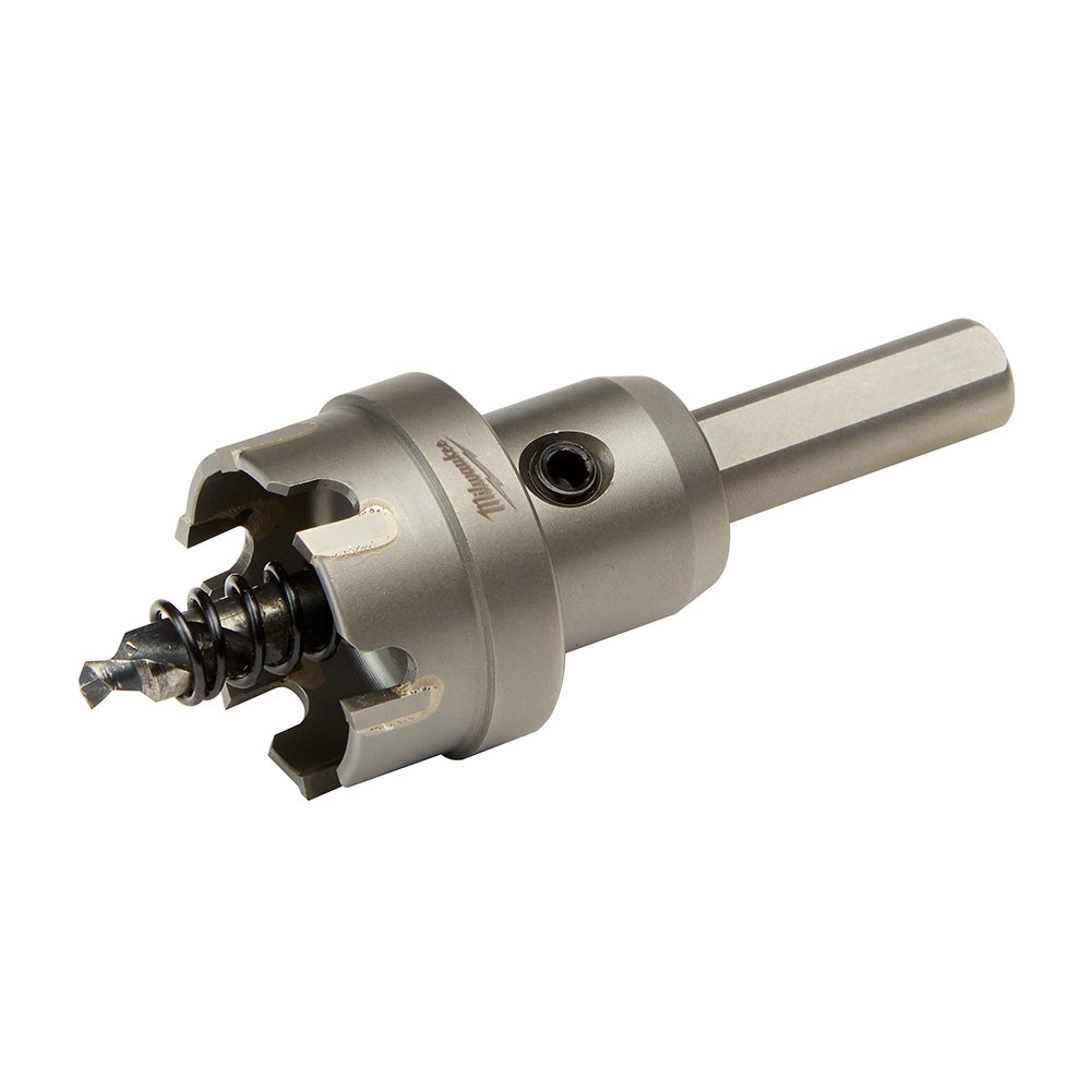 Carbide hole cutter with cylindrical shank, serrated cutting head, and center pilot bit for drilling.