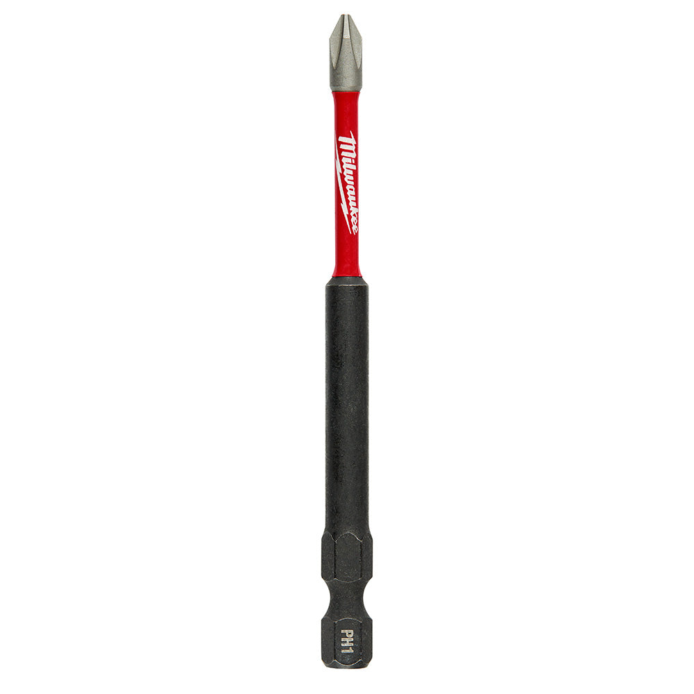 Milwaukee Shockwave PH1 impact driver bit with red shaft, black grip, and gray pointed tip.