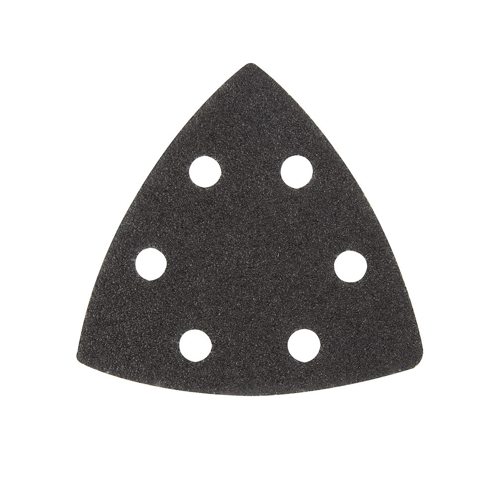 Triangle sandpaper sheet with six ventilation holes and coarse dark grit surface.