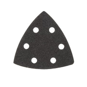 Triangle sandpaper sheet with six ventilation holes and coarse dark grit surface.