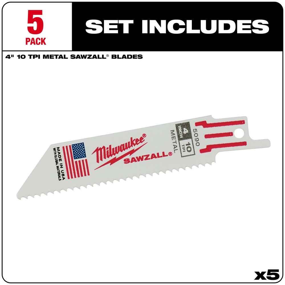 Five Milwaukee SAWZALL 4 inch, 10TPI metal cutting blades with red and white handles.