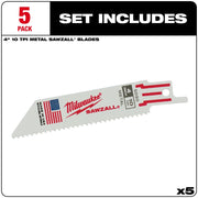 Five Milwaukee SAWZALL 4 inch, 10TPI metal cutting blades with red and white handles.