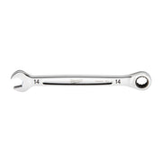 Chrome 14mm ratcheting combination wrench with open end on left and ratchet socket end on right.