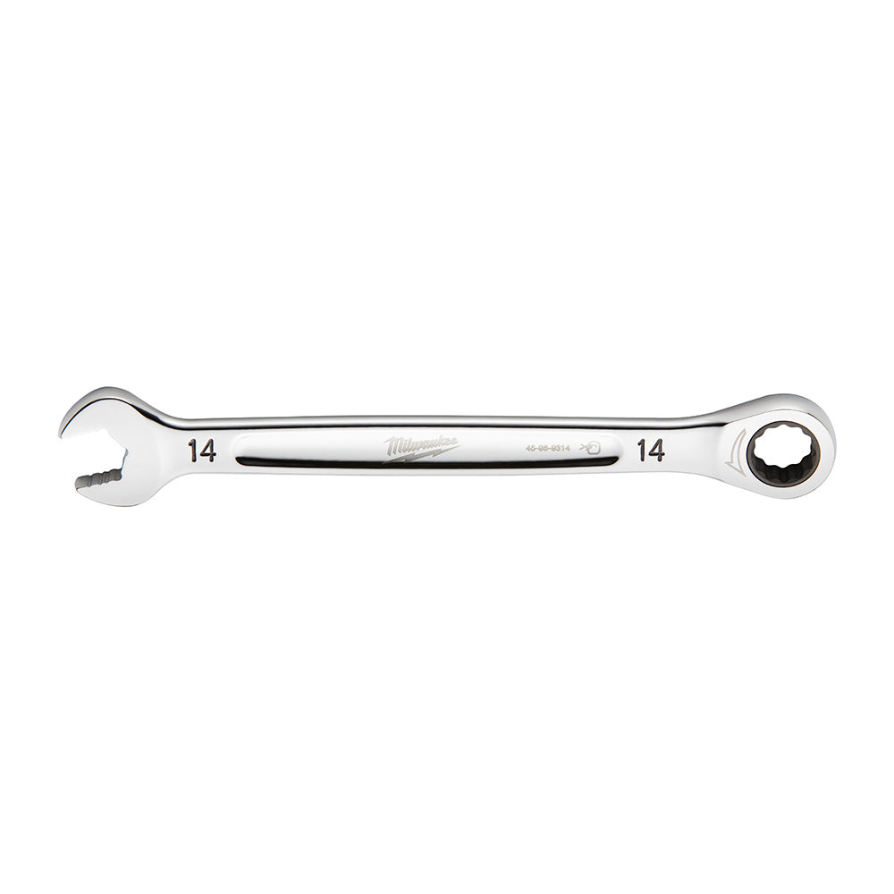 Chrome 14mm ratcheting combination wrench with open end on left and ratchet socket end on right.