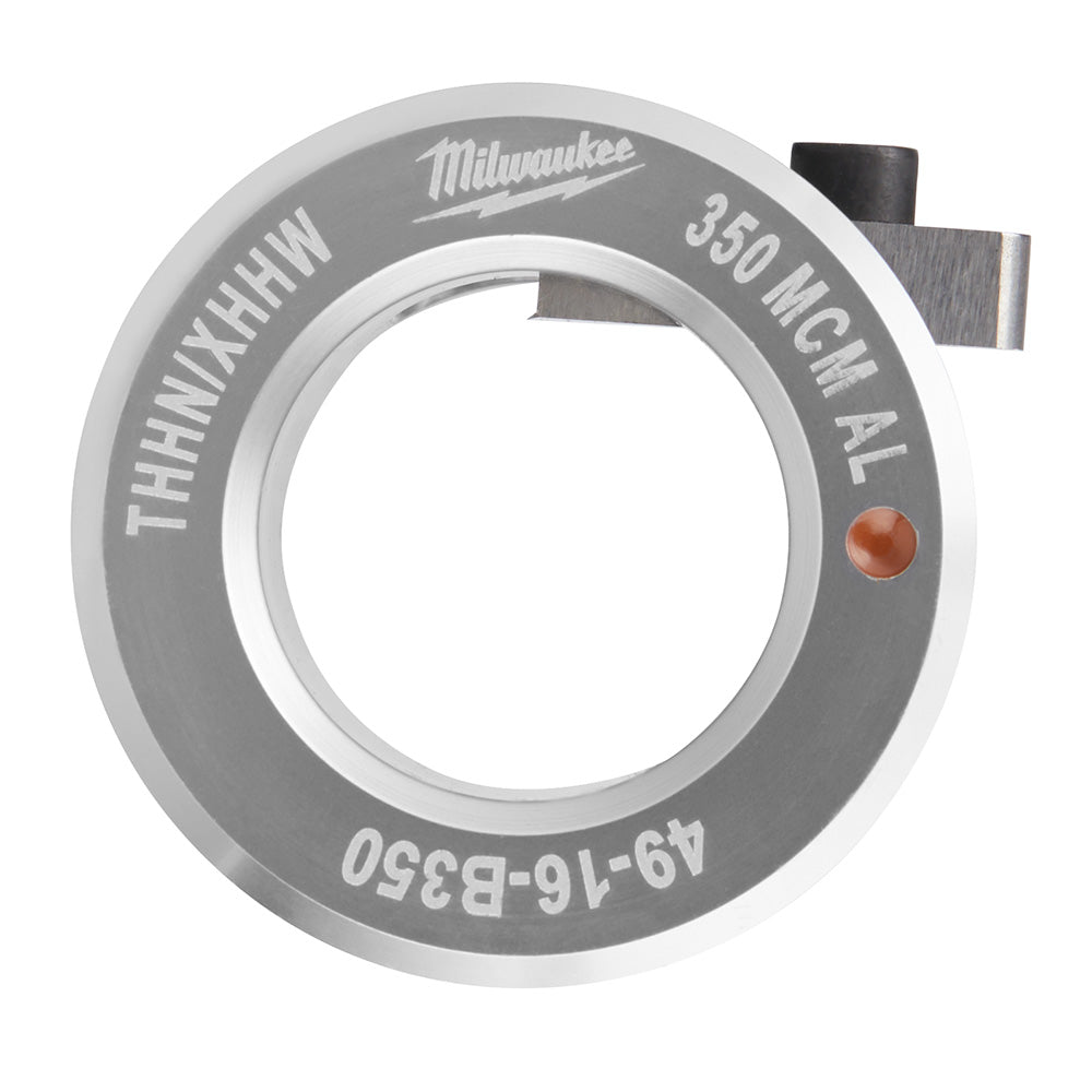 Gray and white Milwaukee aluminum bushing ring with "350 MCM AL" marking and copper-colored center dot.