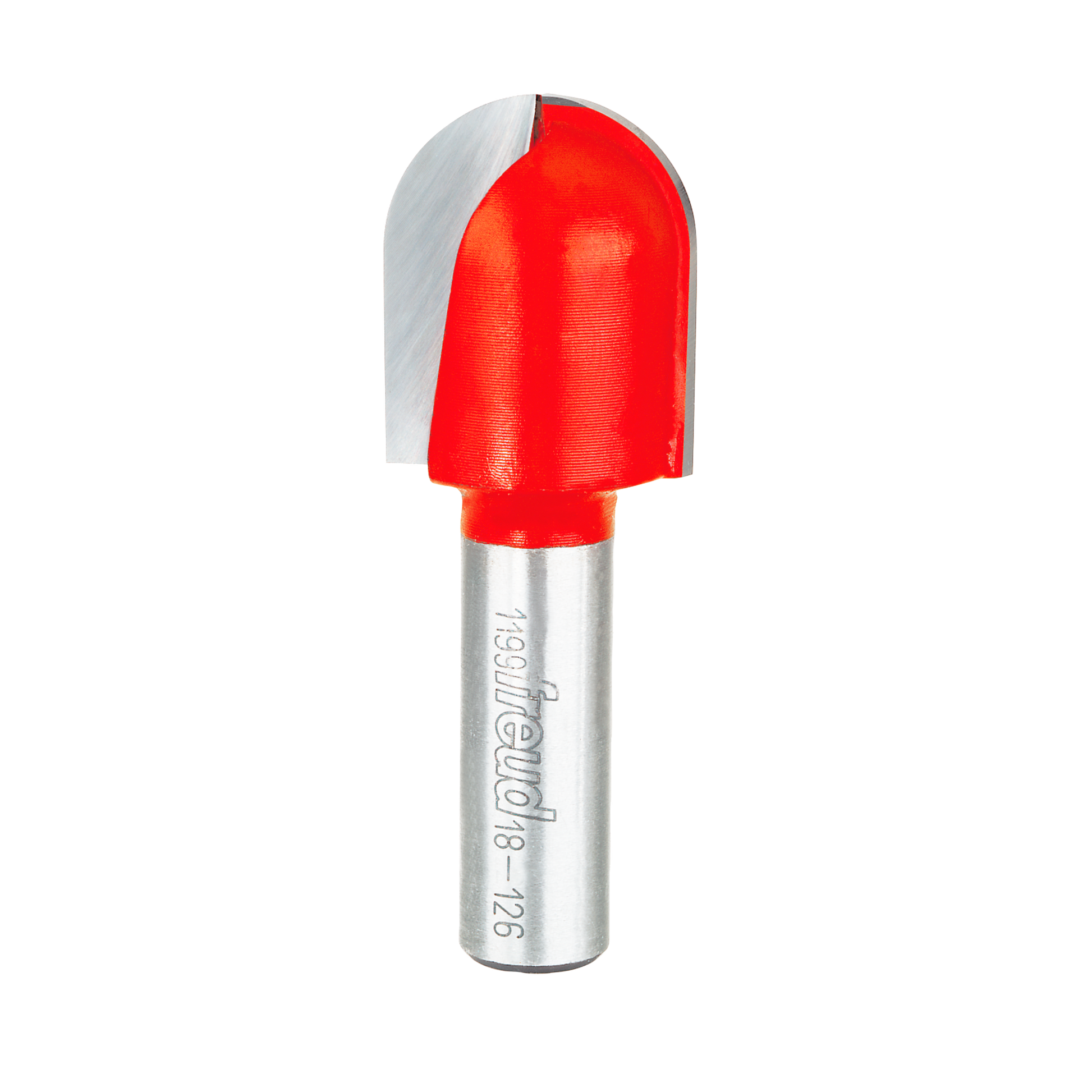 Red round nose router bit with 1/2" radius on silver metal shank marked Freud 18-126.