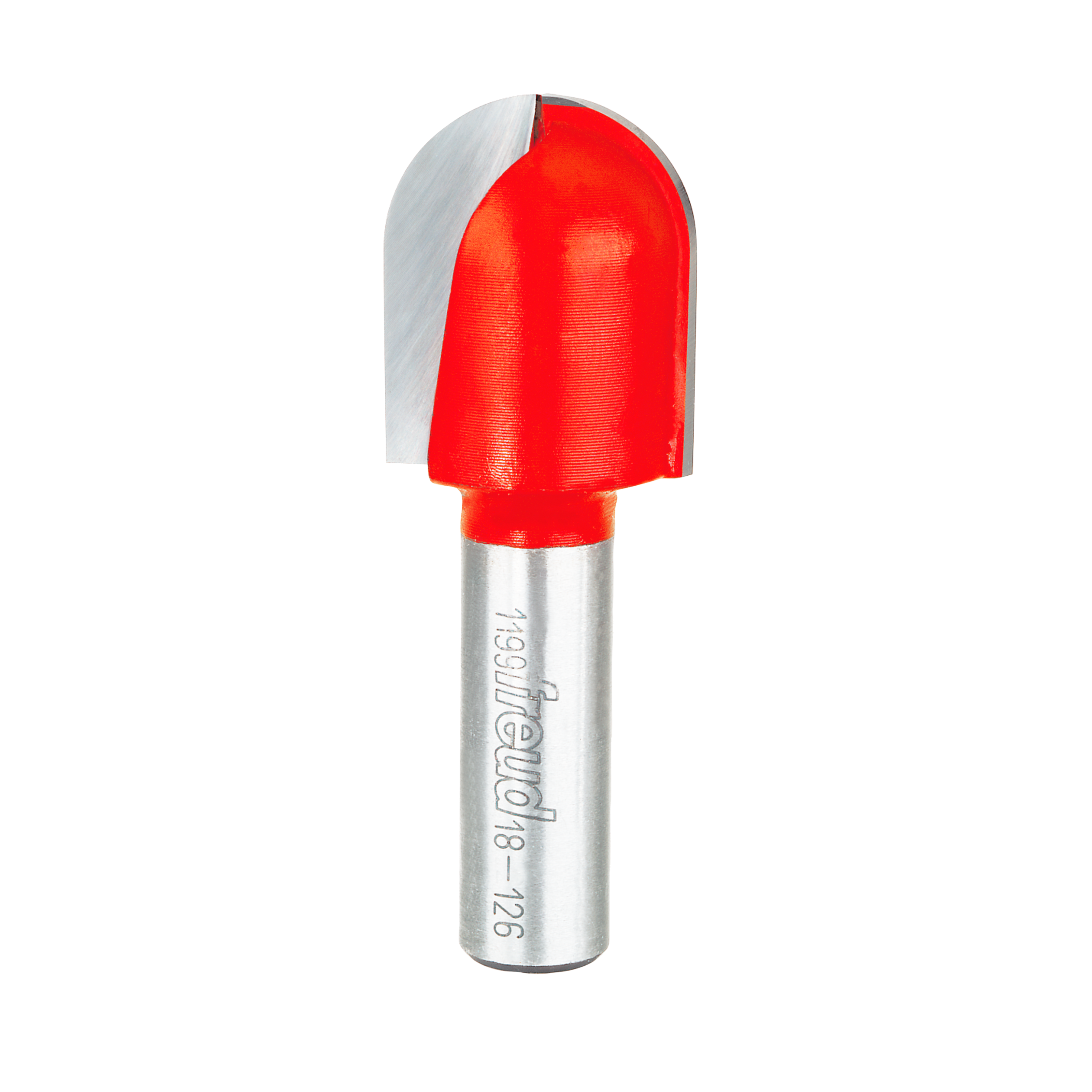 Red round nose router bit with 1/2" radius on silver metal shank marked Freud 18-126.