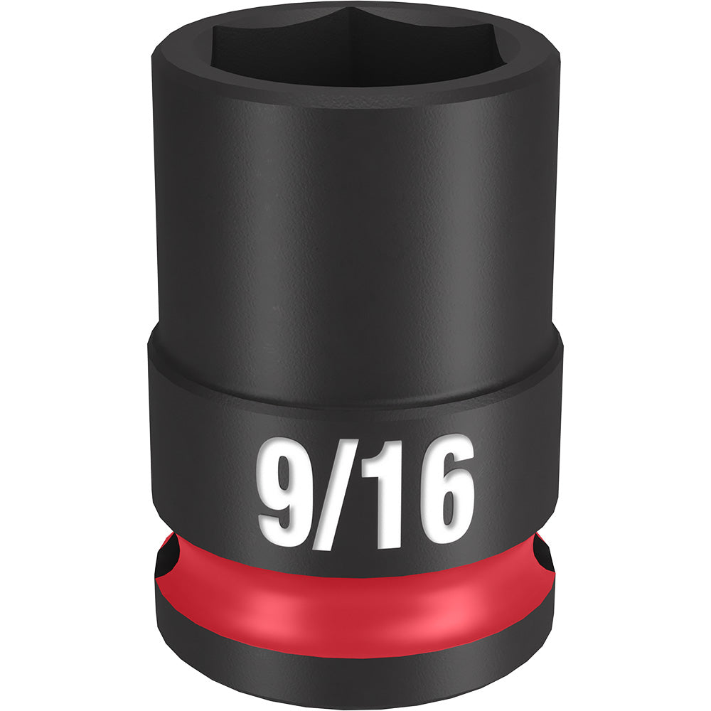 Black 3/8" drive socket with 6-point opening, marked "9/16" and featuring a red impact-rated band.