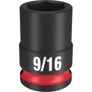 Black 3/8" drive socket with 6-point opening, marked "9/16" and featuring a red impact-rated band.