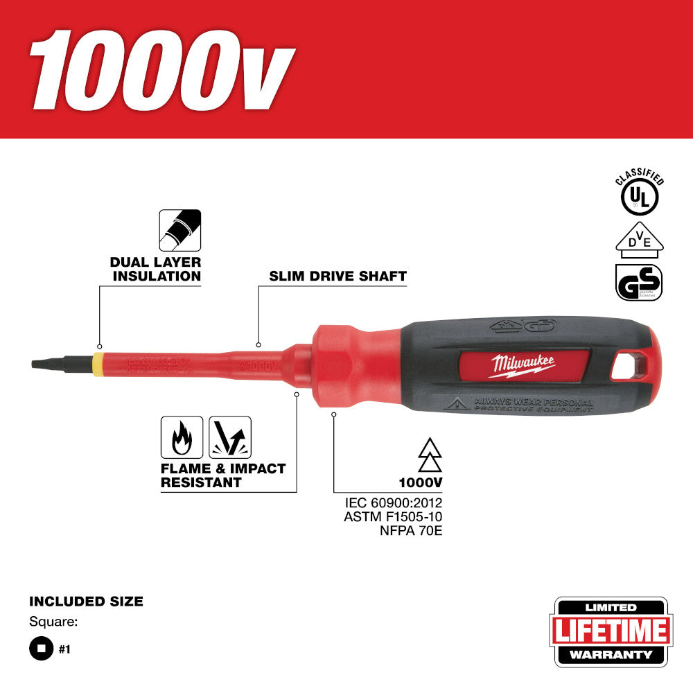 Milwaukee 1000V insulated screwdriver with red handle, black grip, and #1 square drive bit.