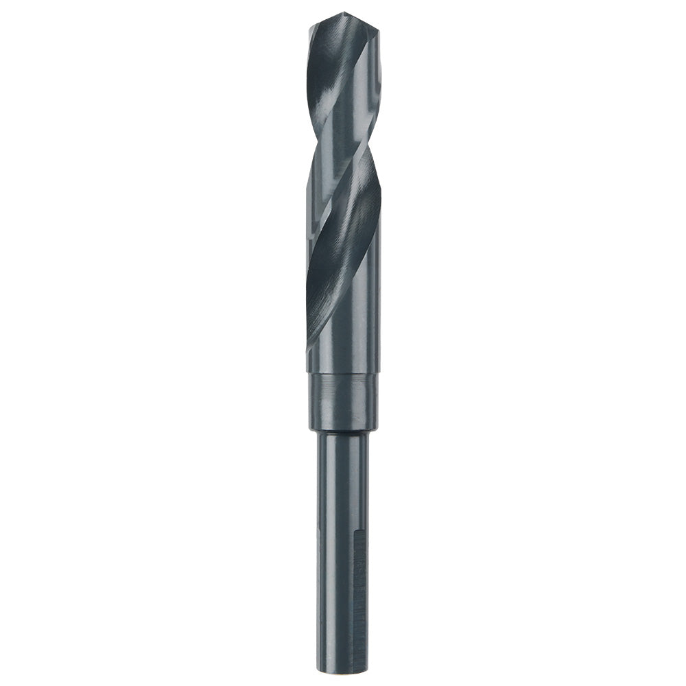 Black oxide twist drill bit with spiral flutes and cylindrical shank for drilling applications.
