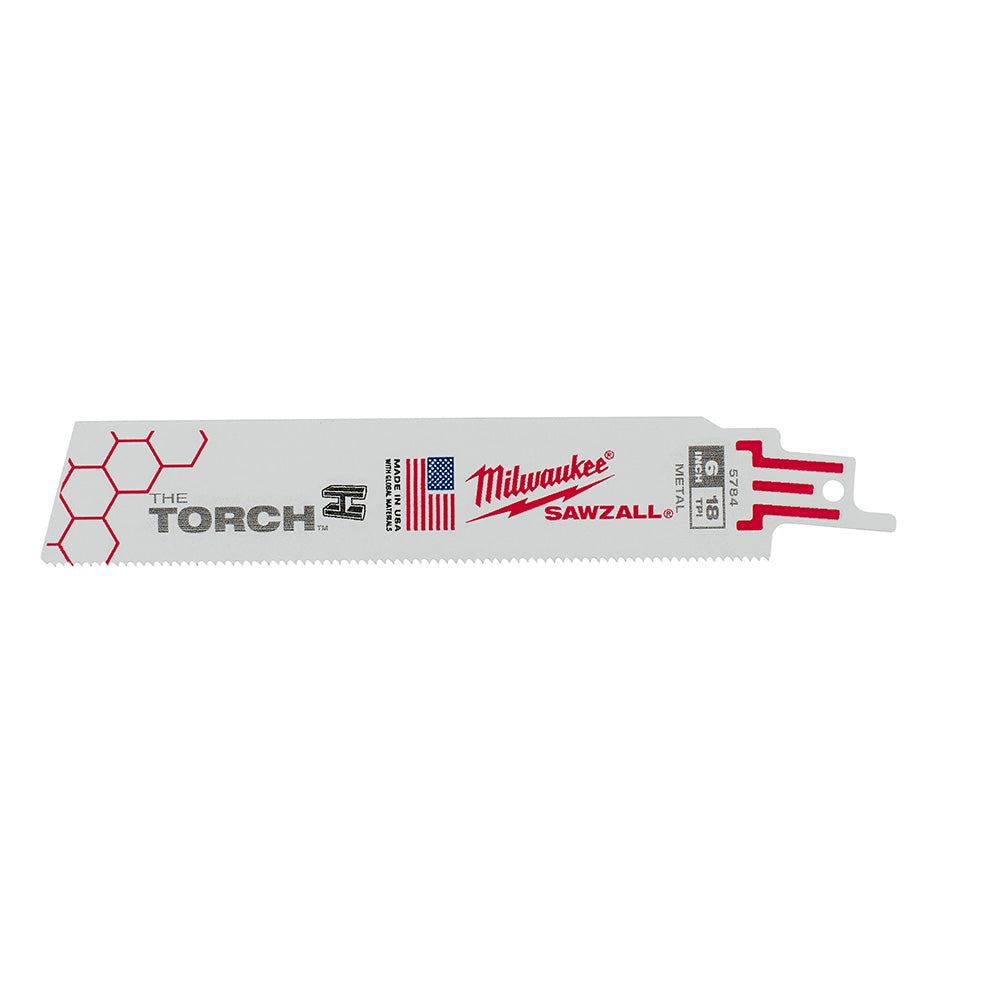 Milwaukee THE TORCH SAWZALL reciprocating saw blade with fine teeth edge and red branding on gray steel body.