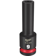 Black Milwaukee Shockwave Impact socket with 9MM marking and red grip band on base.