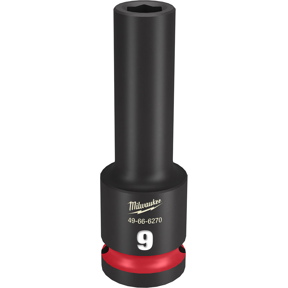 Black Milwaukee Shockwave Impact socket with 9MM marking and red grip band on base.