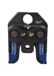 Black and gray Milwaukee press tool jaw with blue base, two circular openings at top, two metal wheels on sides, and instruct