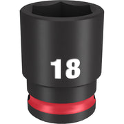 Black cylindrical 18MM socket with 6-point hexagonal opening, red grip band near base, labeled "18" on side.