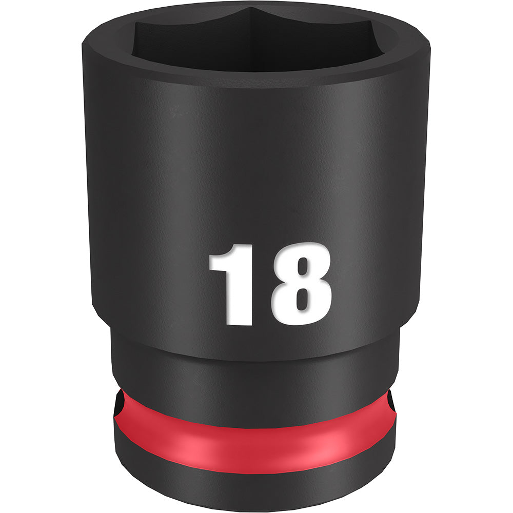 Black cylindrical 18MM socket with 6-point hexagonal opening, red grip band near base, labeled "18" on side.