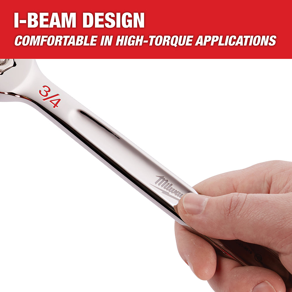 Milwaukee 3/4-inch SAE combination wrench with I-beam design held in hand.