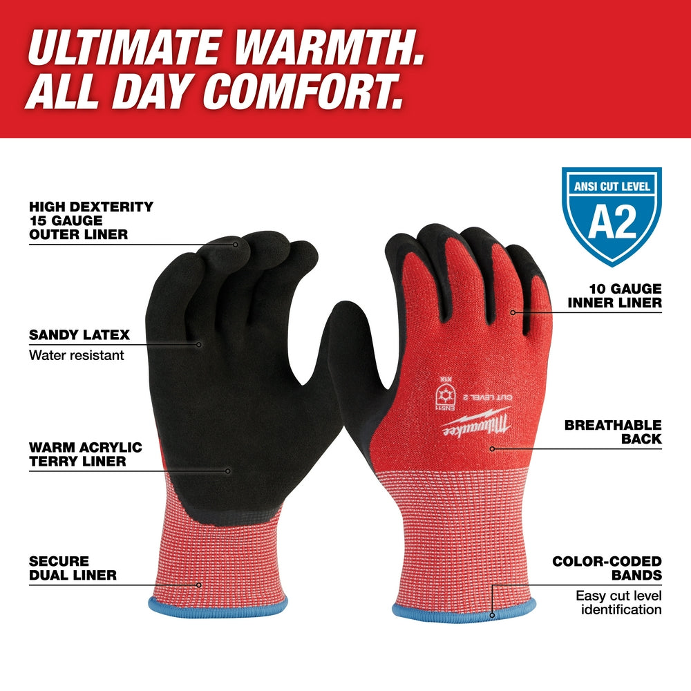 Milwaukee winter dipped gloves with red knit exterior, black latex palm, and blue cuff band, small size.