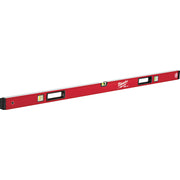 Red box level with multiple bubble vials and black end caps on white background.
