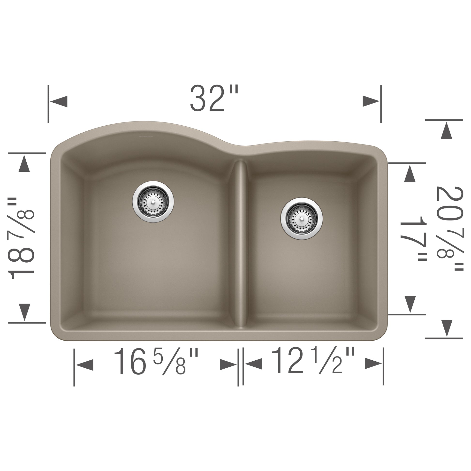 Trufflecolored Silgranit undermount sink with two unequal bowls and drain strainers, shown from above with dimensions.