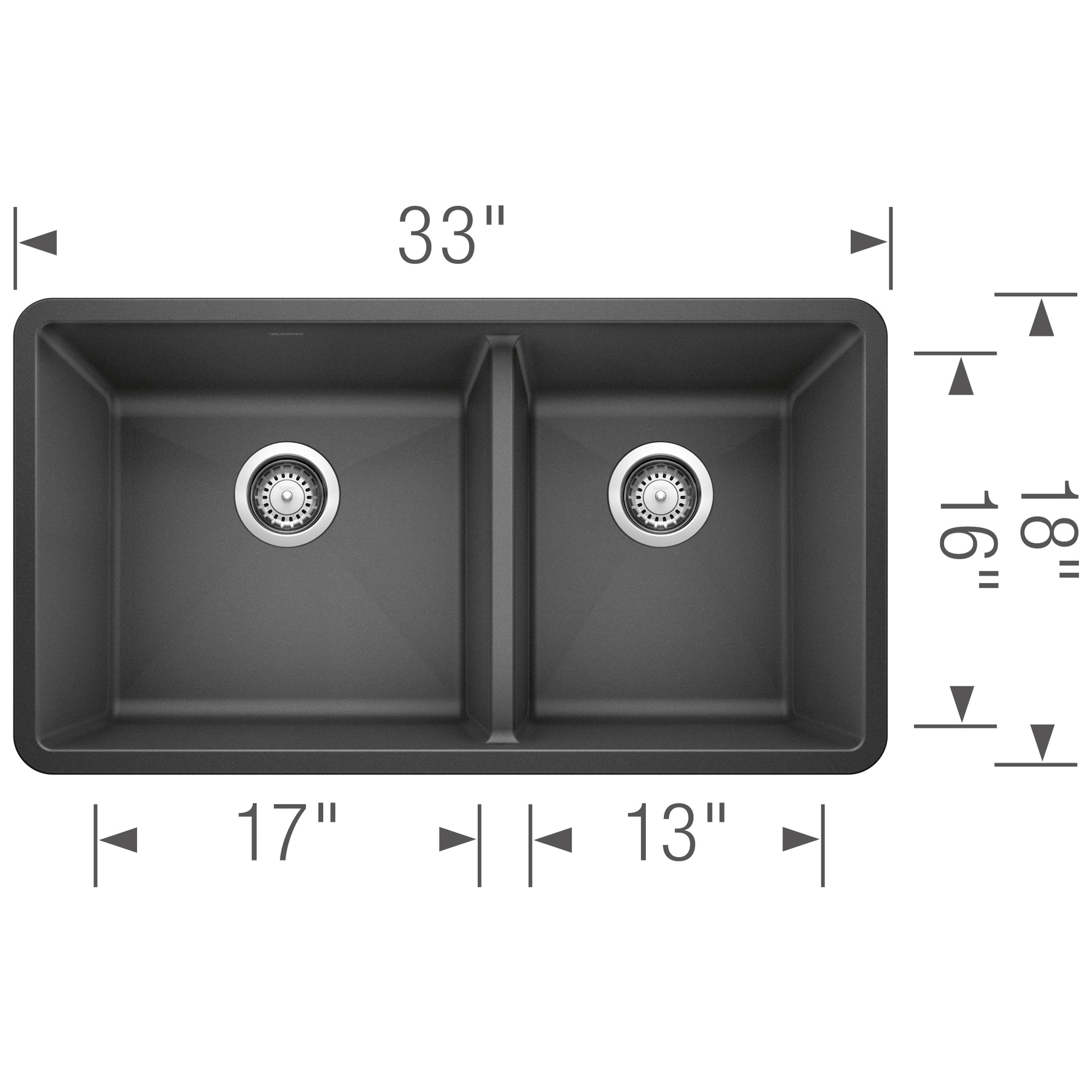 Anthracite double bowl undermount sink with rounded corners and chrome drain strainers, 33" wide.