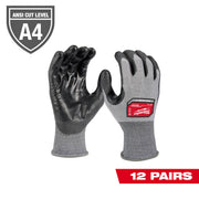 Gray knit work gloves with black polyurethane dipped palms and fingers, ANSI Cut Level A4 rated.