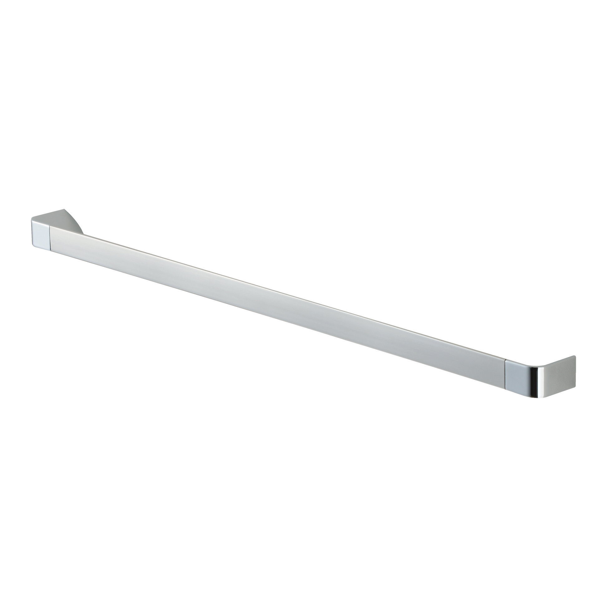 Brushed nickel round towel bar with square mounting brackets on each end.