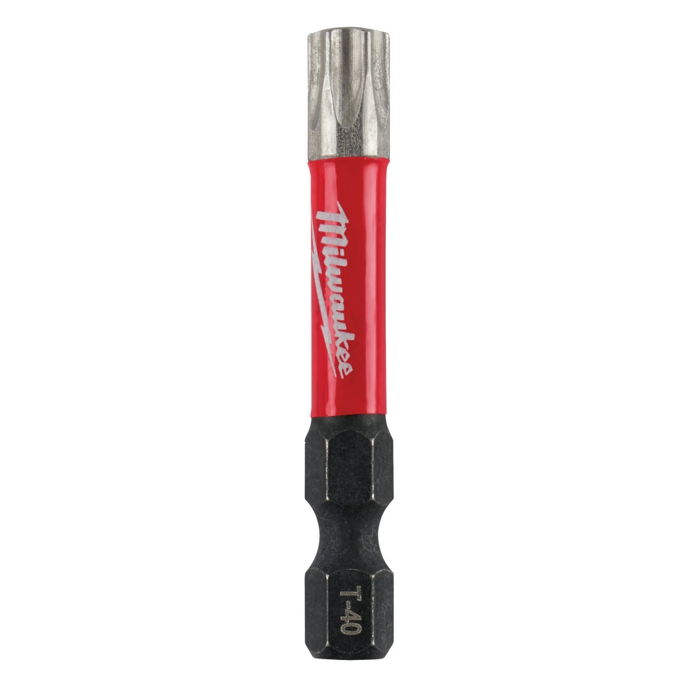 Milwaukee Shockwave Torx T40 impact power bit with red sleeve, black hex end, and gray fluted tip.