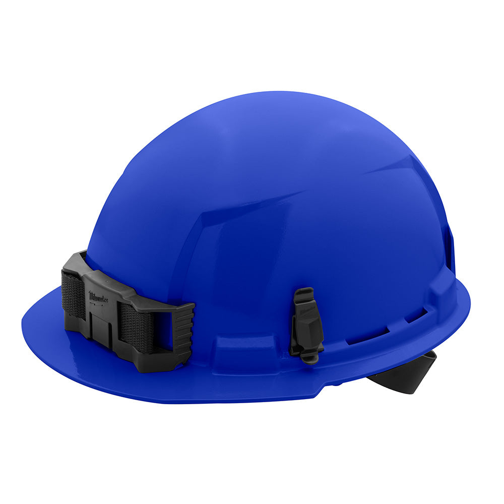 Blue hard hat with front brim and black ratcheting suspension system visible on sides.