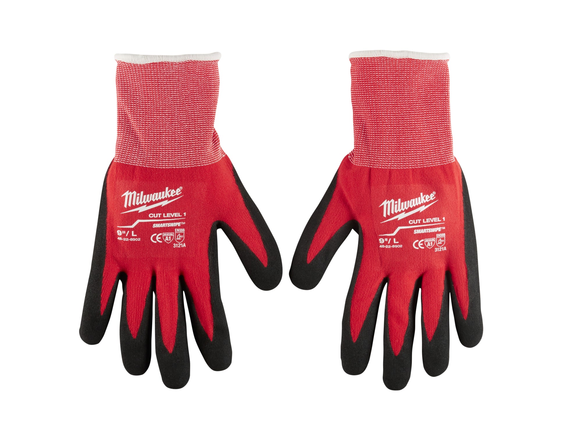 Pair of red and black dipped work gloves with gray knit cuffs and Milwaukee branding, shown front and back views.