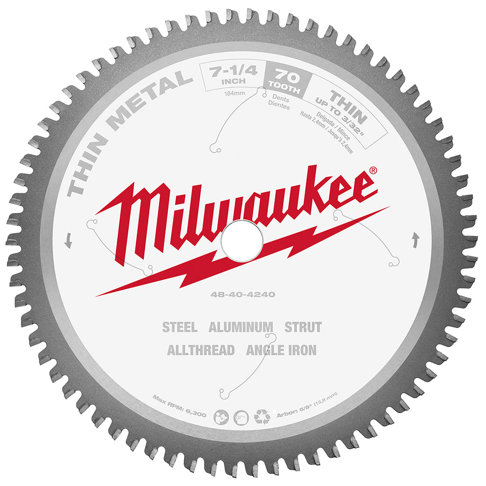 Milwaukee 7-1/4 inch circular saw blade with 70 teeth for thin metal cutting applications.