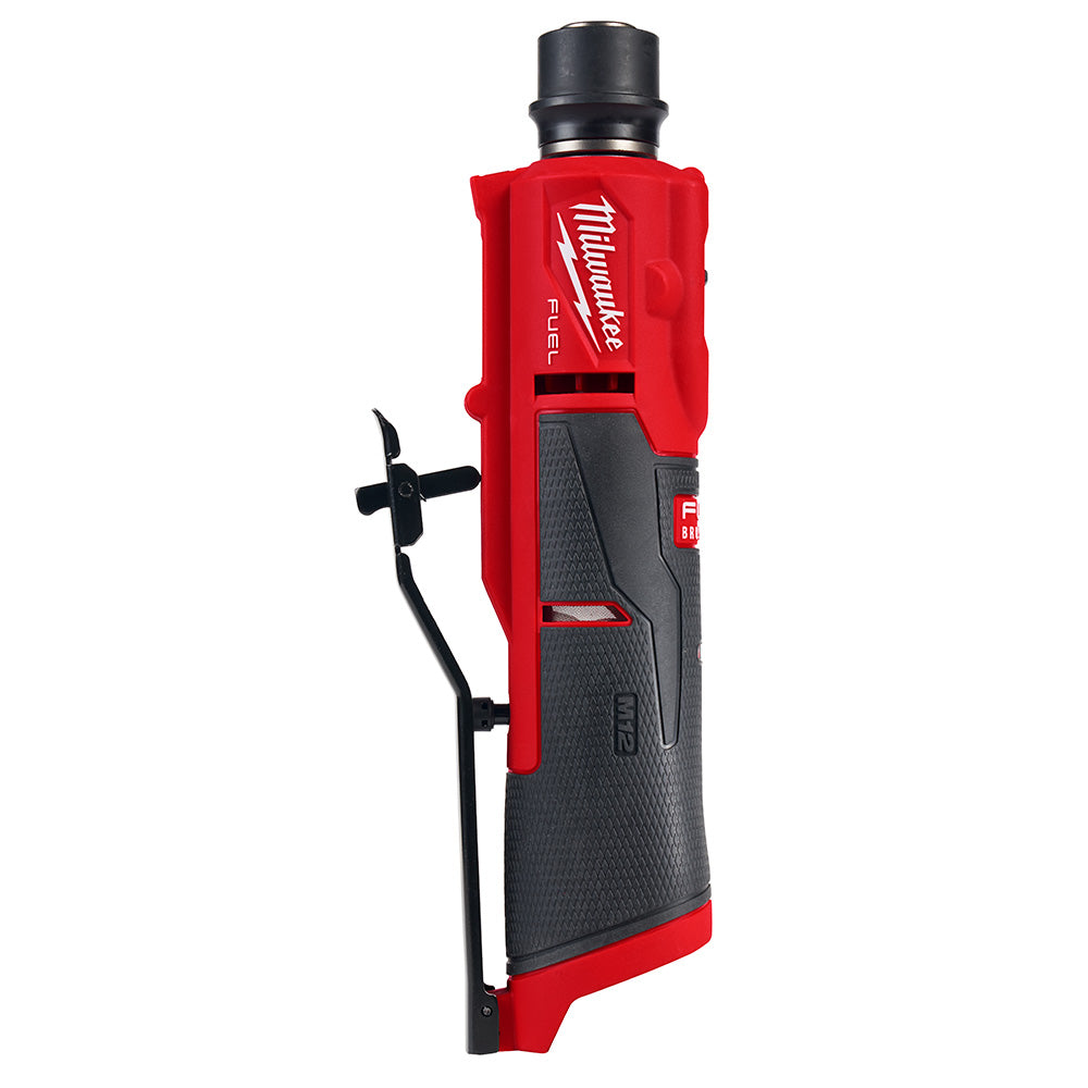 Milwaukee M12 FUEL cordless tire buffer with red and black body, small attachment head, and side handle.