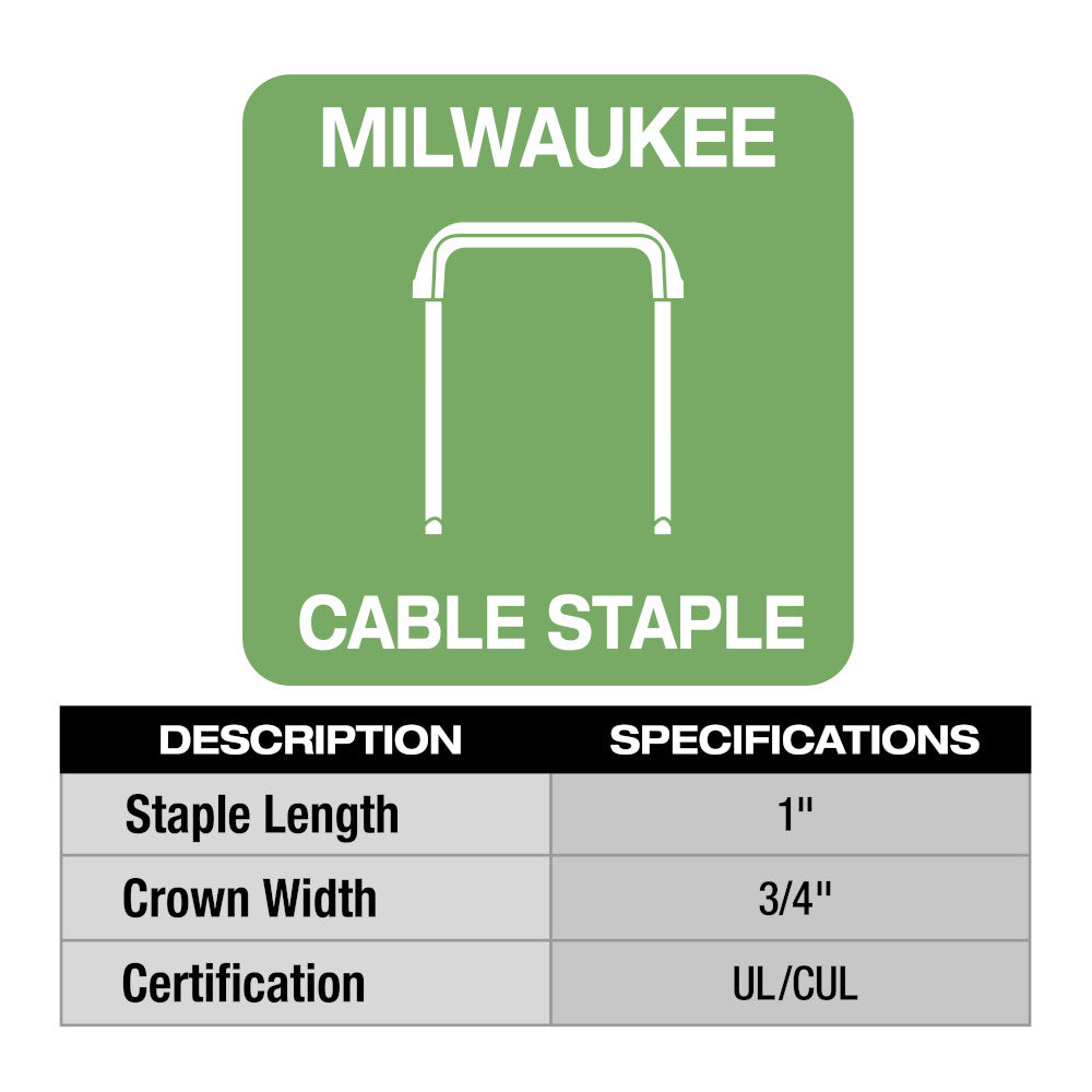 Milwaukee M12 cable staple with 1" length and 3/4" crown width shown on green product label with specifications table.