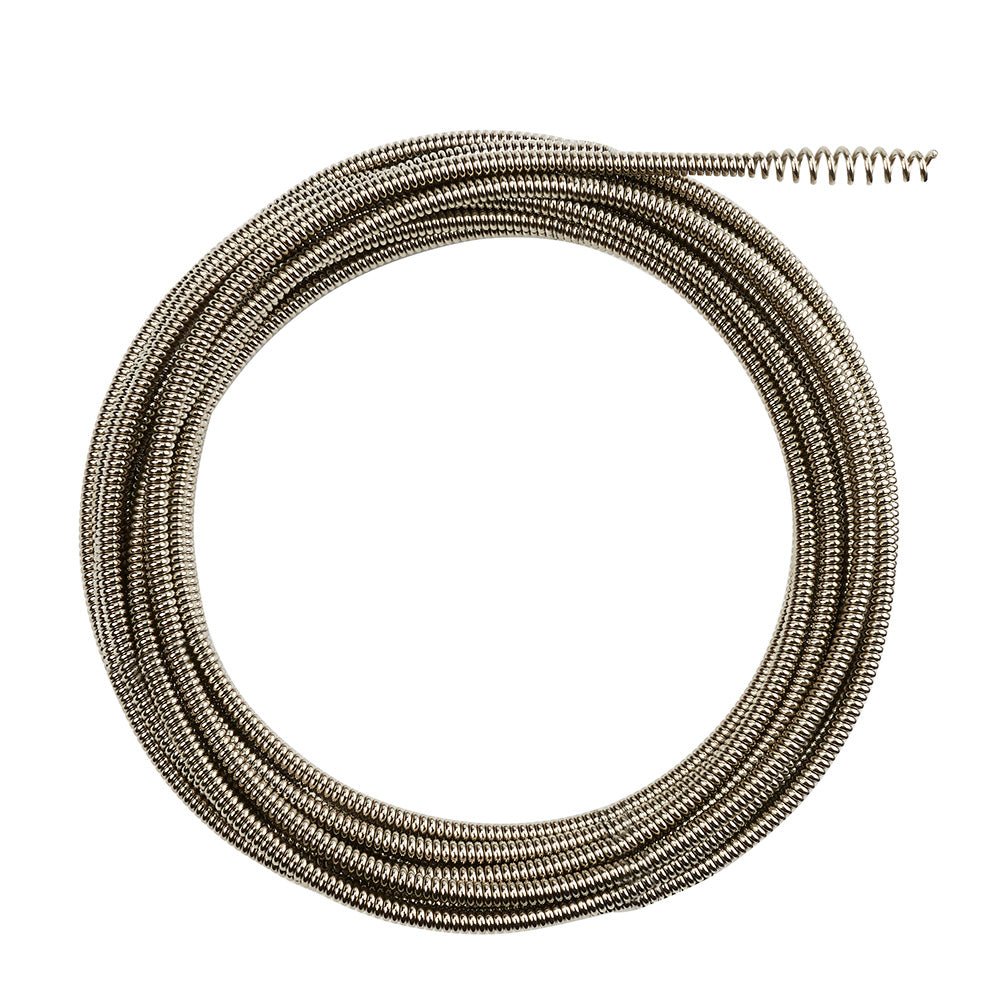 Coiled metal drain cable with bulb head attachment and rust-resistant coating.