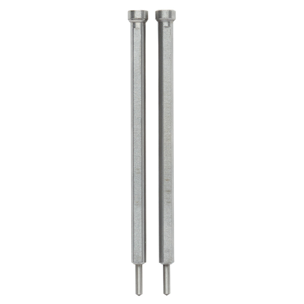 Two metal retractable pins with cylindrical bodies and tapered tips, displayed vertically side by side.