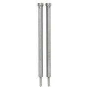 Two metal retractable pins with cylindrical bodies and tapered tips, displayed vertically side by side.