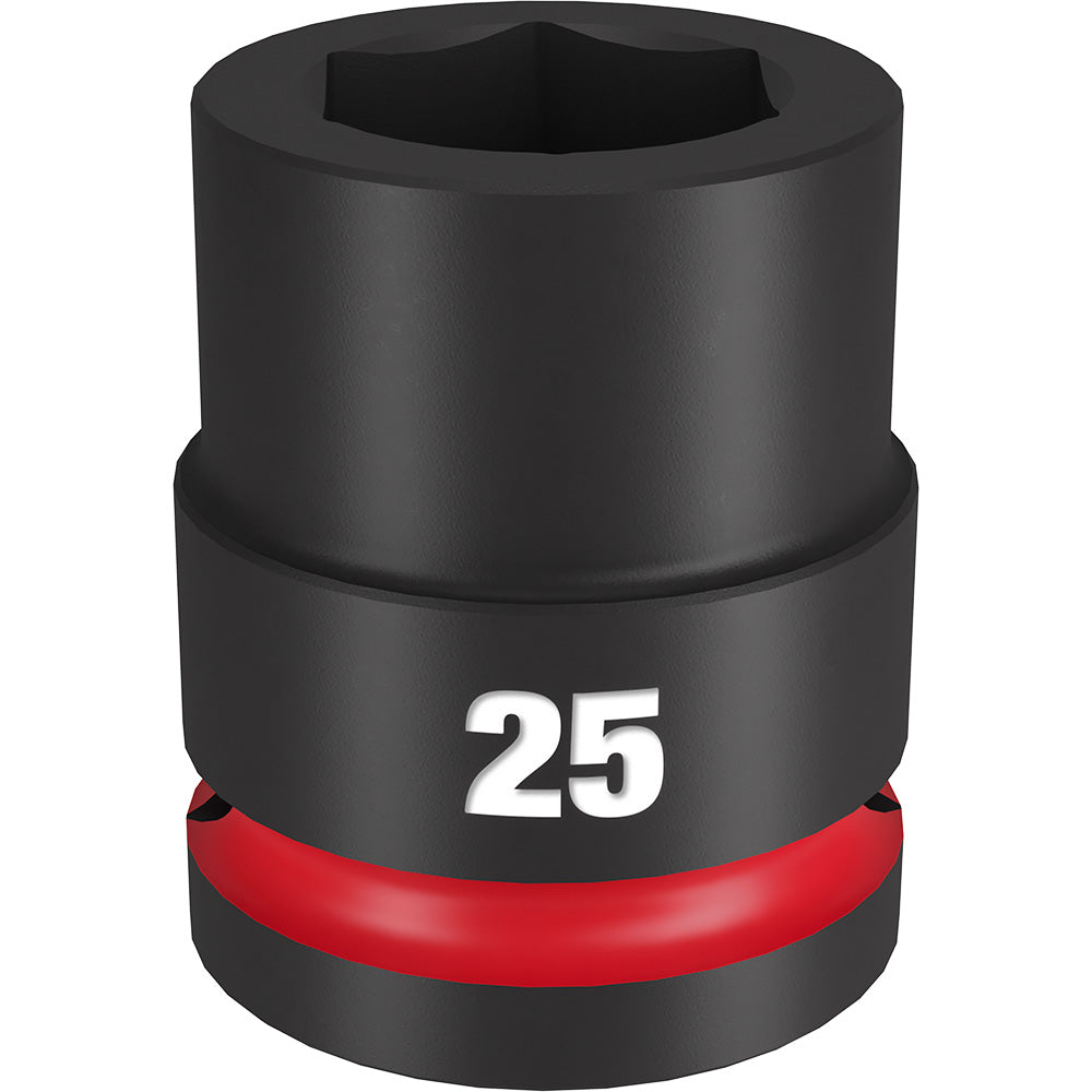 Black 3/4" drive socket with 6-point hex opening, marked "25" and featuring a red grip band.