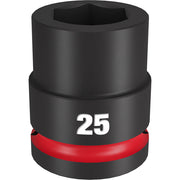 Black 3/4" drive socket with 6-point hex opening, marked "25" and featuring a red grip band.