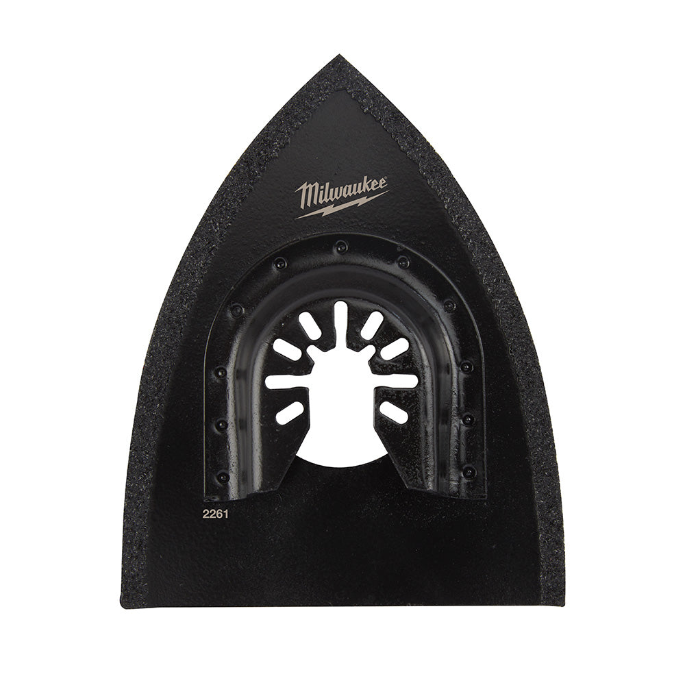 Milwaukee OPEN-LOK 2-in-1 hybrid carbide grit blade with pointed triangular head and circular cutting surface.