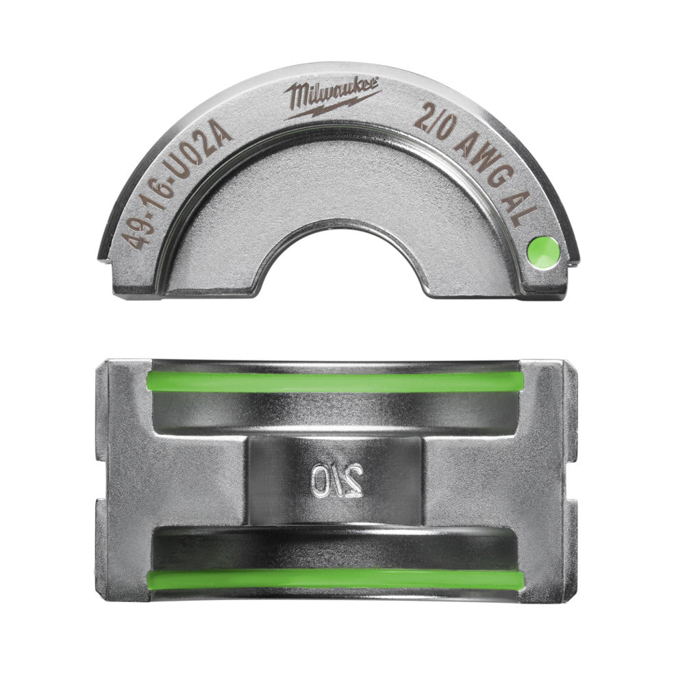 Milwaukee 49-16-U02A 2/0 aluminum U-style die shown from top and bottom views with green indicator dots.
