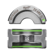 Milwaukee 49-16-U02A 2/0 aluminum U-style die shown from top and bottom views with green indicator dots.