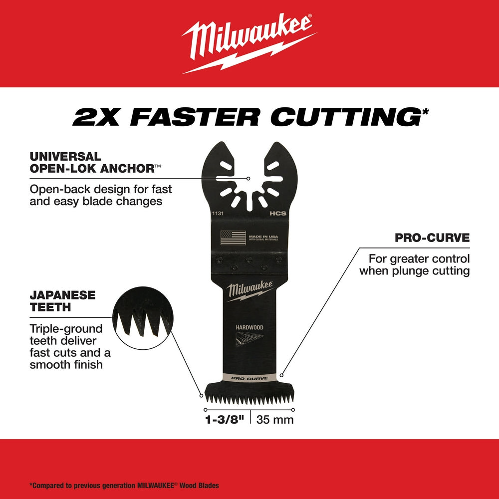 Milwaukee OPEN-LOK 1-3/8" HCS Japanese tooth pro-curve hardwood oscillating blade with universal anchor and open-back design 