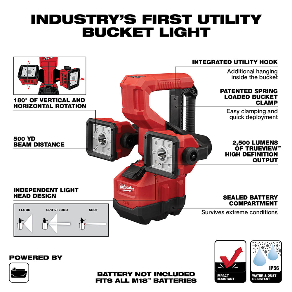 Red Milwaukee M18 utility bucket light with dual independent LED heads and integrated hanging hook, featuring rotatable light