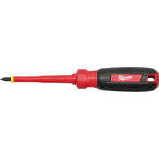 Milwaukee Phillips #1 screwdriver with red insulated shaft, black and red handle, and yellow stripe near tip.