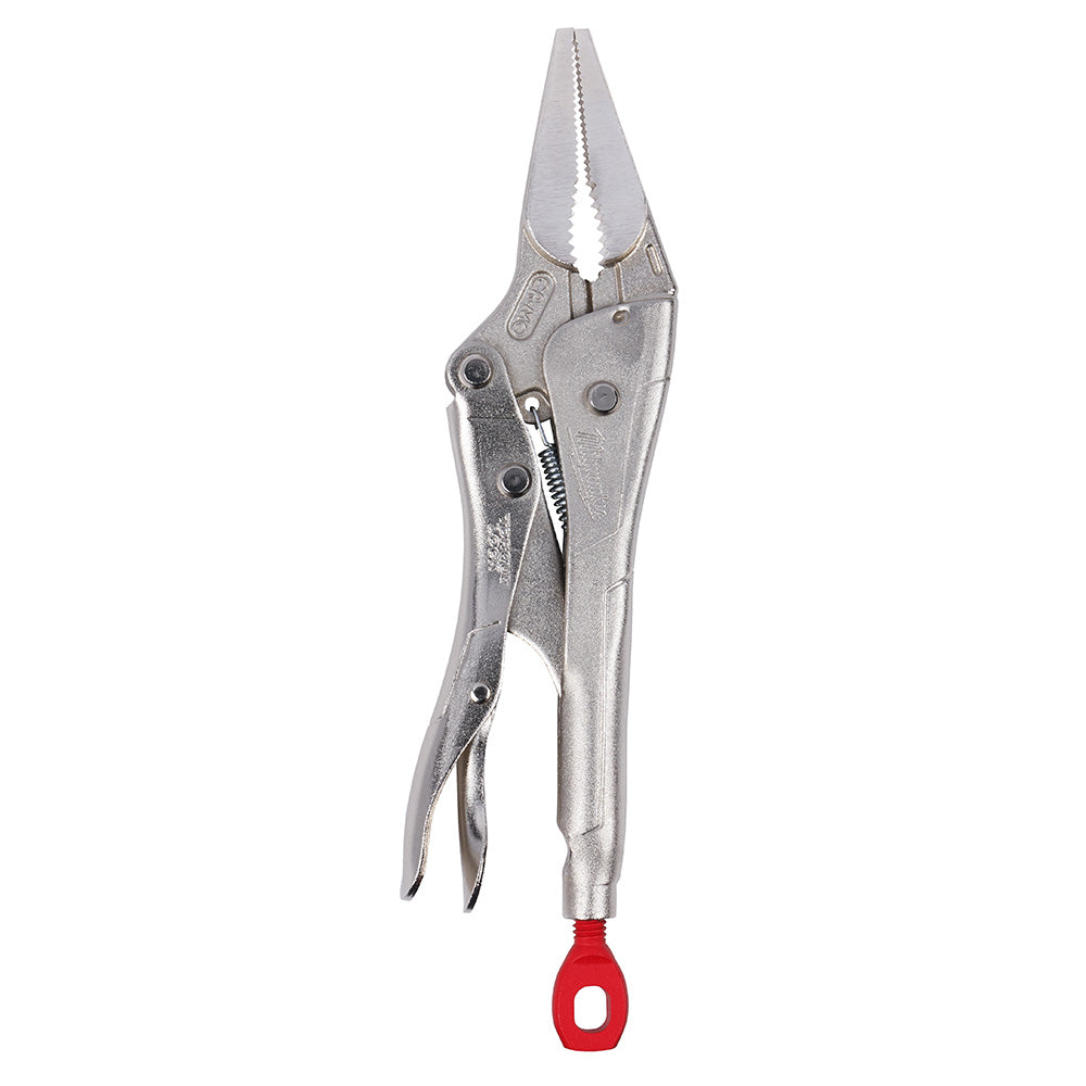 Silver long nose locking pliers with red handle grip and adjustment screw mechanism.