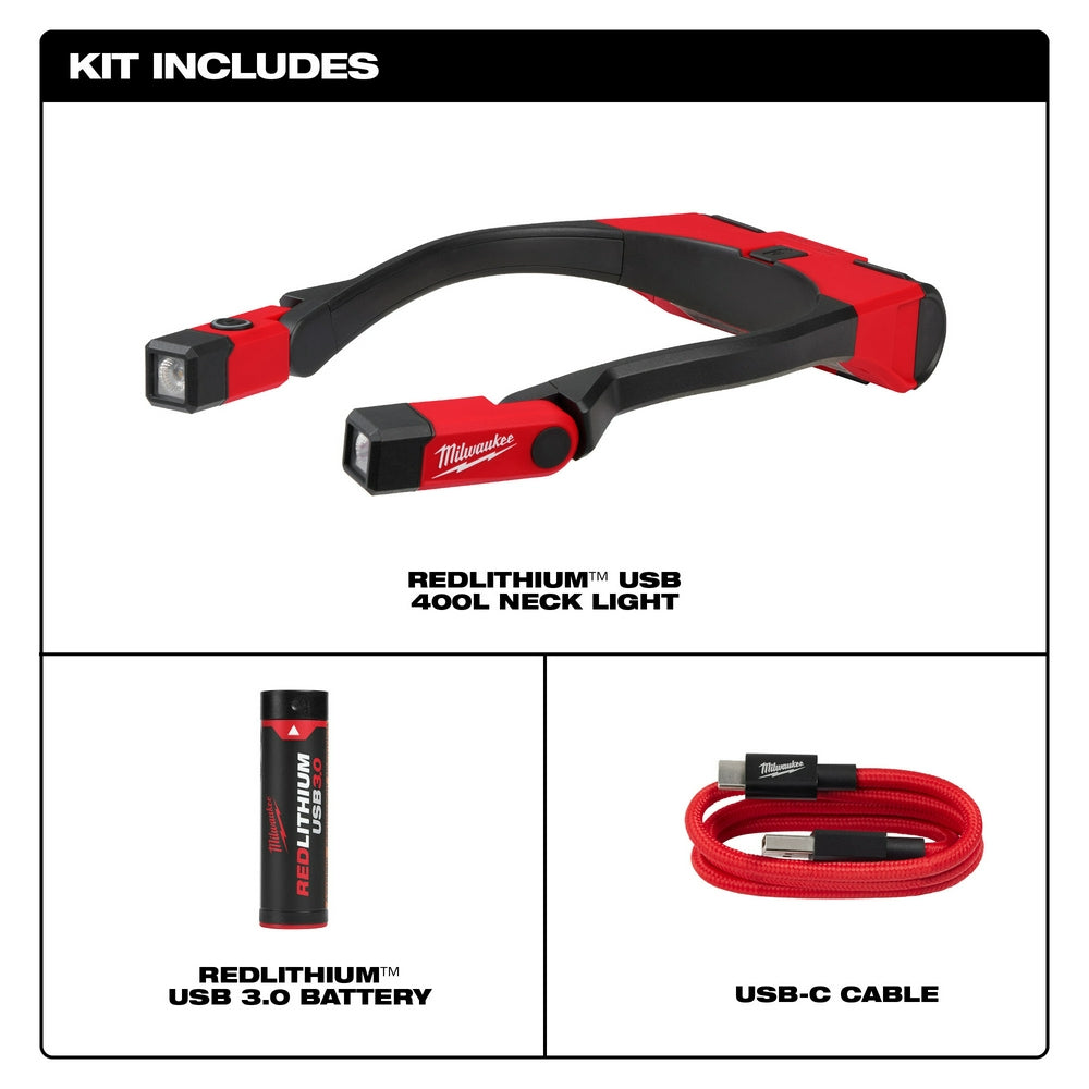 Red and black neck light with two LED heads, REDLITHIUM USB battery, and red USB-C charging cable included.